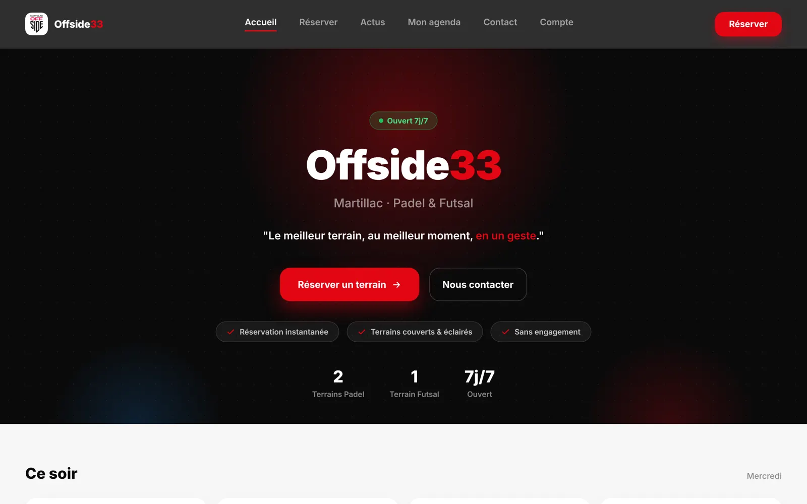 Page d’accueil du site Offside33 : réserver un terrain de padel ou de futsal à Martillac